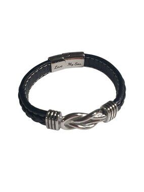 Mens Love My Son Black Leather Bracelet Silver Metal Infinity Knot Slide Clasp